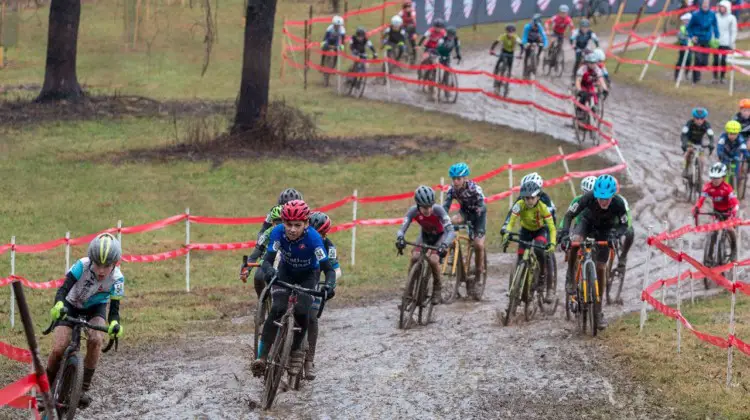 Junior Men 11-12 riders snake their way through the mud. Junior Men 11-12. 2018 Cyclocross National Championships, Louisville, KY. © A. Yee / Cyclocross Magazine