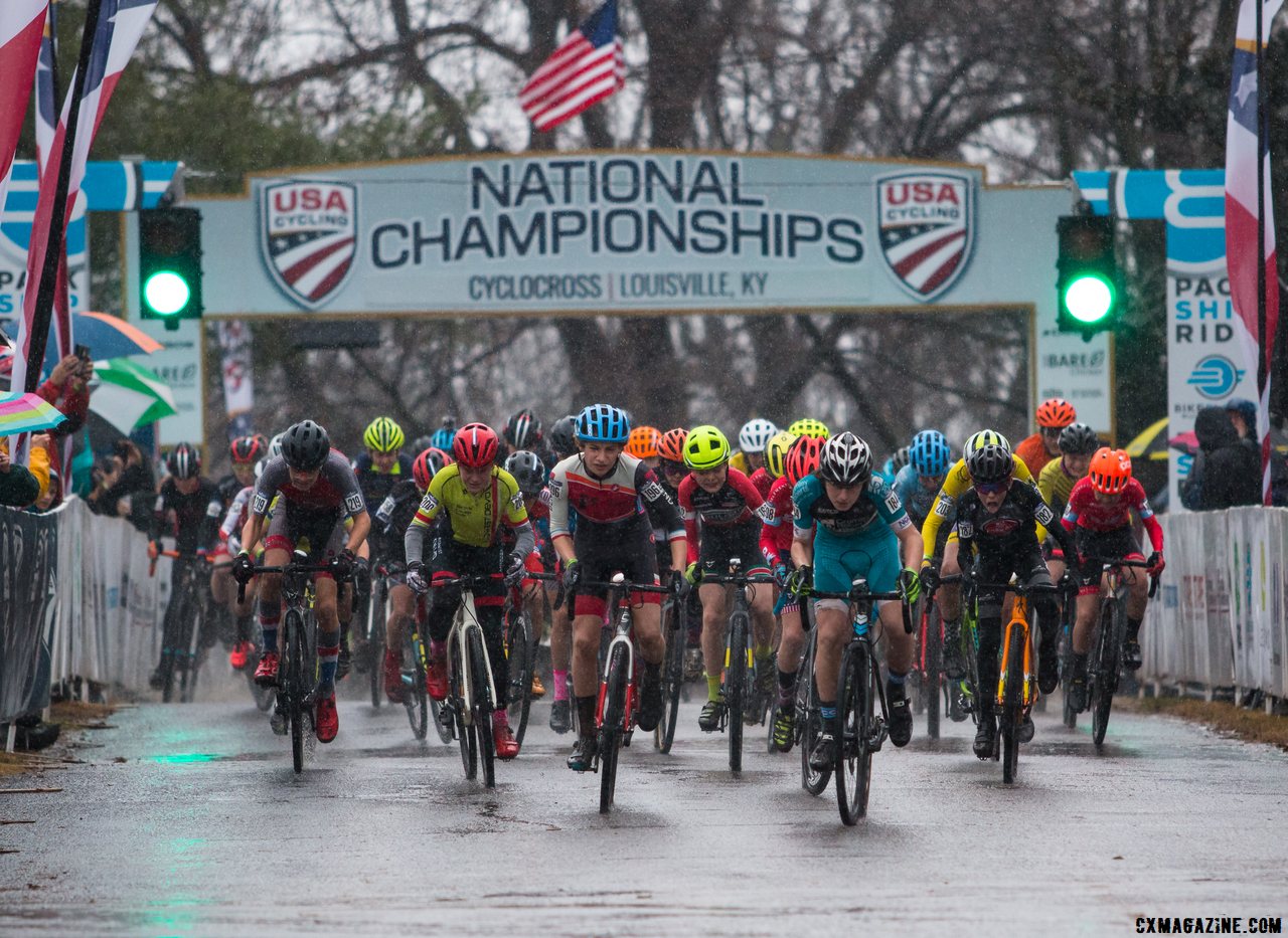 Junior Men 13-14 holeshot. 2018 Cyclocross National Championships, Louisville, KY. © A. Yee / Cyclocross Magazine