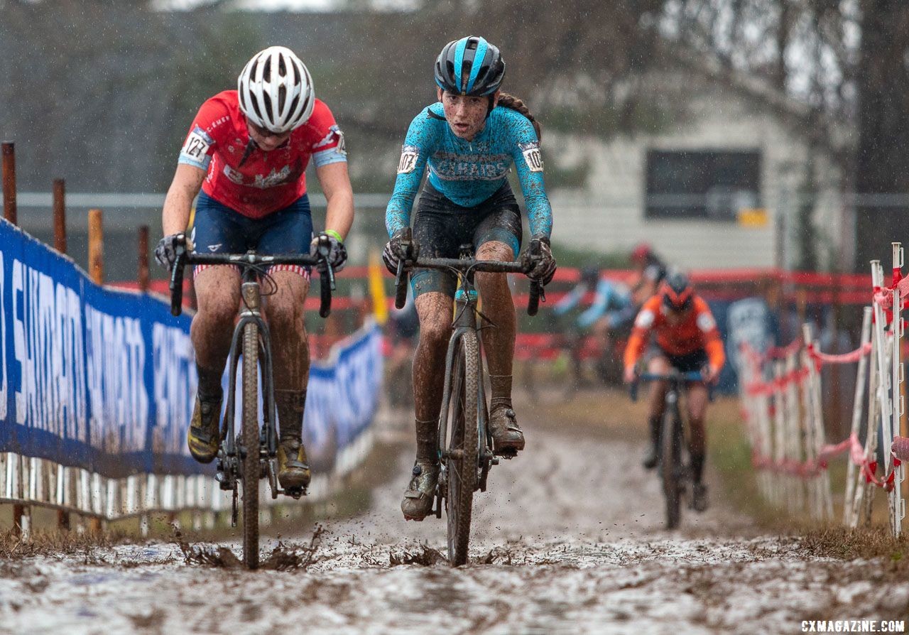 Hydn Hludzinski and Ella Brenneman ride past the pit toward the big descent. Junior Women 13-14. 2018 Cyclocross National Championships, Louisville, KY. © A. Yee / Cyclocross Magazine