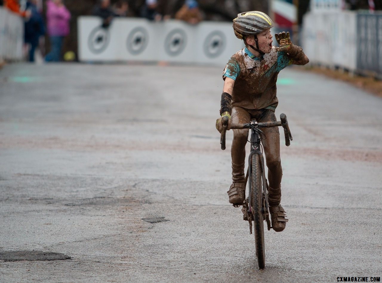 This young racer brushed off his number and called it out to officials. Junior Men 11-12. 2018 Cyclocross National Championships, Louisville, KY. © A. Yee / Cyclocross Magazine