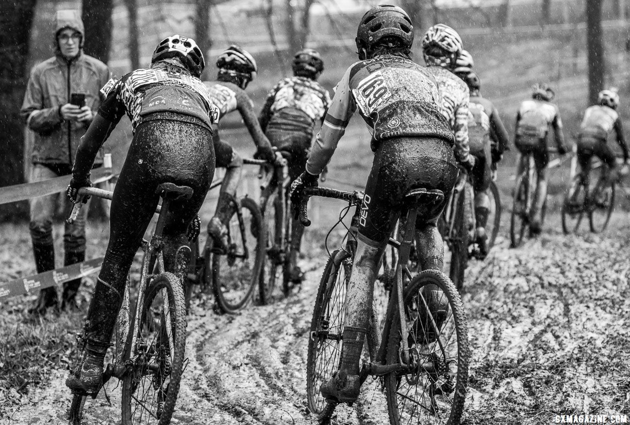 While some sections were completely unrideable, some parts of the course remained firm enough to ride. Junior Men 13-14. 2018 Cyclocross National Championships, Louisville, KY. © A. Yee / Cyclocross Magazine