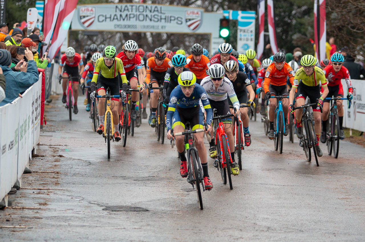 Dylan Zakrajsek led off the pavement. He would finish second overall. Junior Men 15-16. 2018 Cyclocross National Championships, Louisville, KY. © A. Yee / Cyclocross Magazine