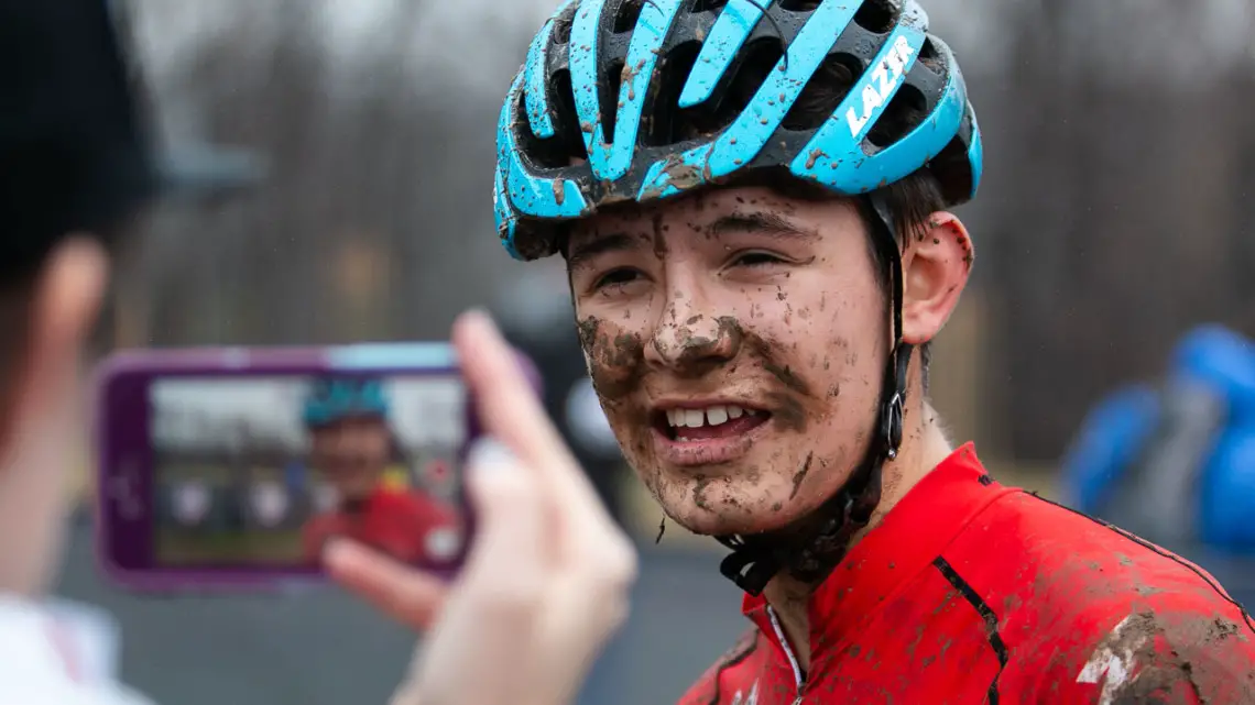 Ivan Gallego won the 15-16 title in Louisville. We were not the only ones lined up to talk to him afterwords. Junior Men 15-16. 2018 Cyclocross National Championships, Louisville, KY. © A. Yee / Cyclocross Magazine