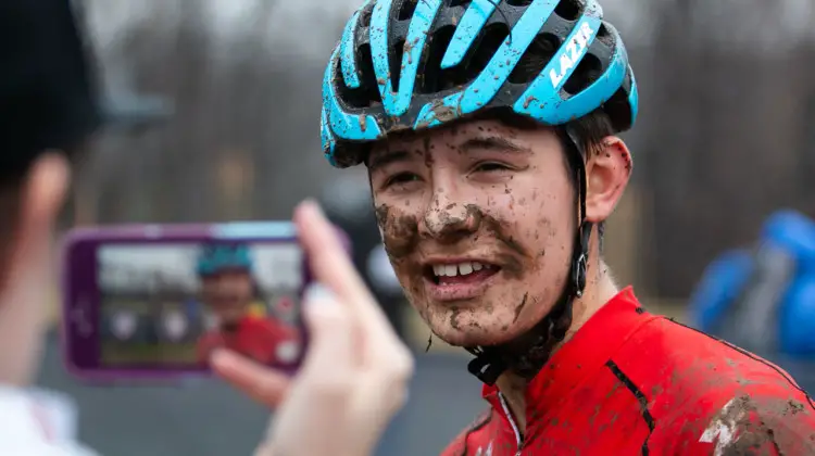 Ivan Gallego won the 15-16 title in Louisville. We were not the only ones lined up to talk to him afterwords. Junior Men 15-16. 2018 Cyclocross National Championships, Louisville, KY. © A. Yee / Cyclocross Magazine