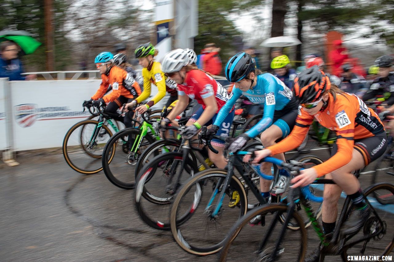 The 13-14 field started fast on pavement, but mud would soon slow progress. Junior Women 13-14. 2018 Cyclocross National Championships, Louisville, KY. © A. Yee / Cyclocross Magazine