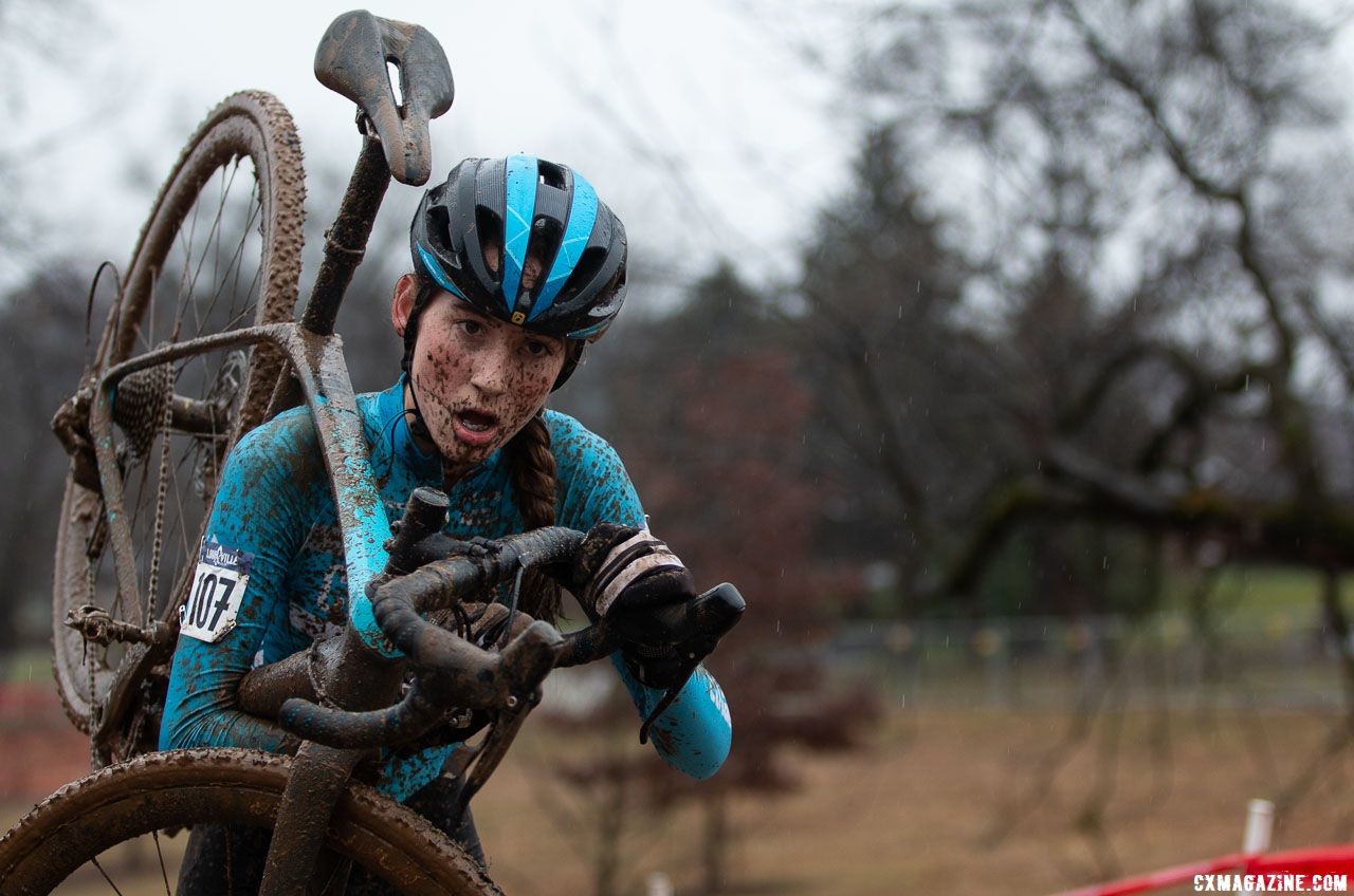 Brenneman shouldered her bike for some of the more extensive runs. Junior Women 13-14. 2018 Cyclocross National Championships, Louisville, KY. © A. Yee / Cyclocross Magazine