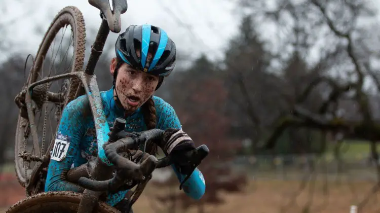 Brenneman shouldered her bike for some of the more extensive runs. Junior Women 13-14. 2018 Cyclocross National Championships, Louisville, KY. © A. Yee / Cyclocross Magazine