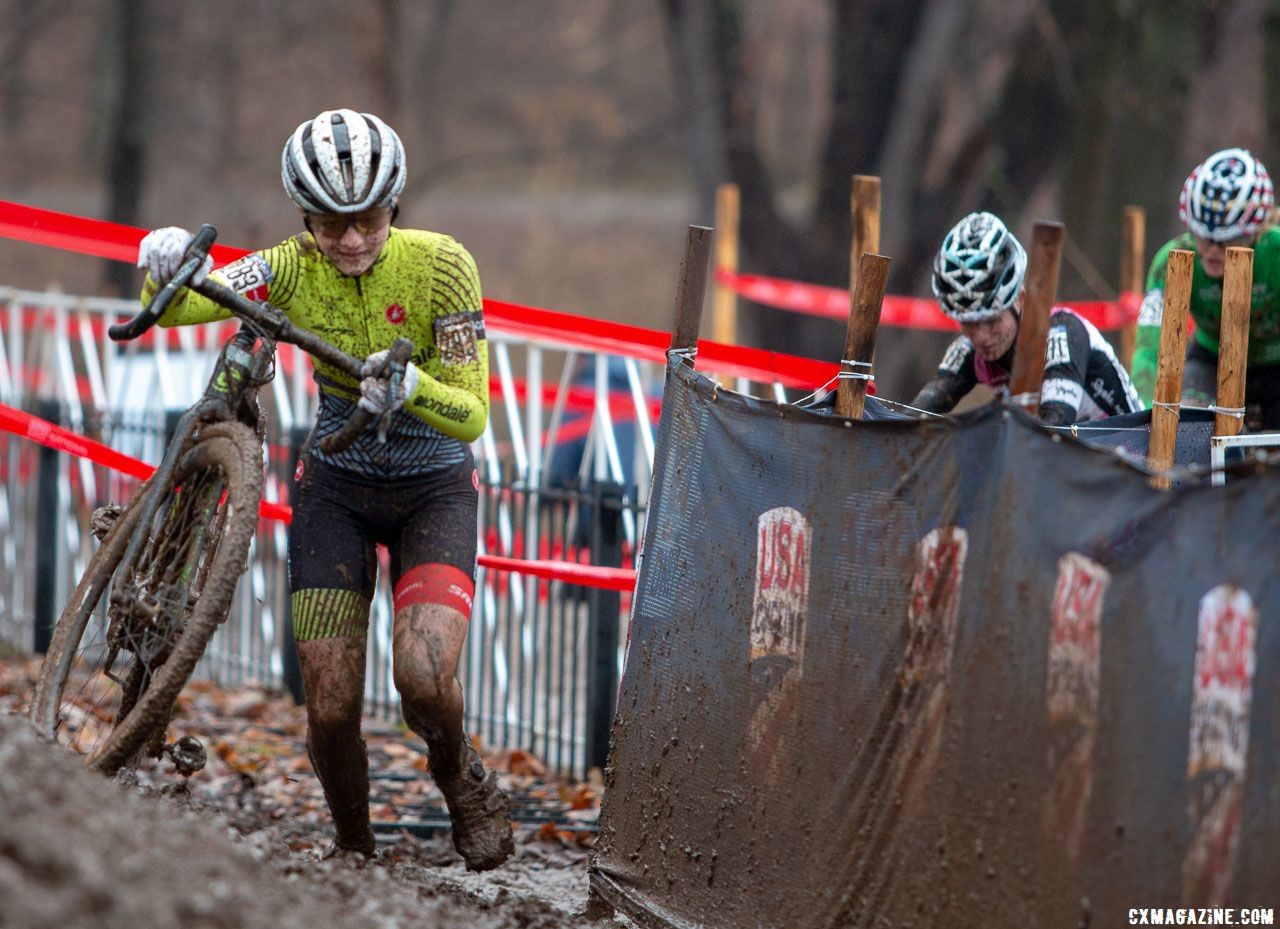 Lizzy Gunsalus goes into the off camber before the stone steps followed by Cassidy Hickey and Lauren Zoerner. Junior Women 15-16. 2018 Cyclocross National Championships, Louisville, KY. © A. Yee / Cyclocross Magazine