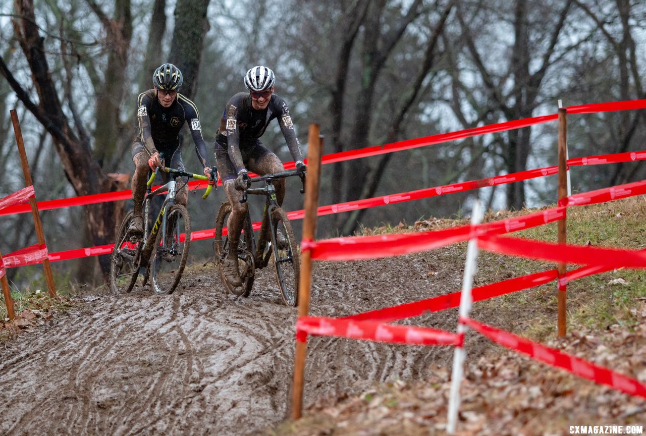 Who says there's no smiling in cyclocross? Willsey and Ellwood share a laugh while off the front. 2018 Cyclocross National Championships, Louisville, KY. © A. Yee / Cyclocross Magazine