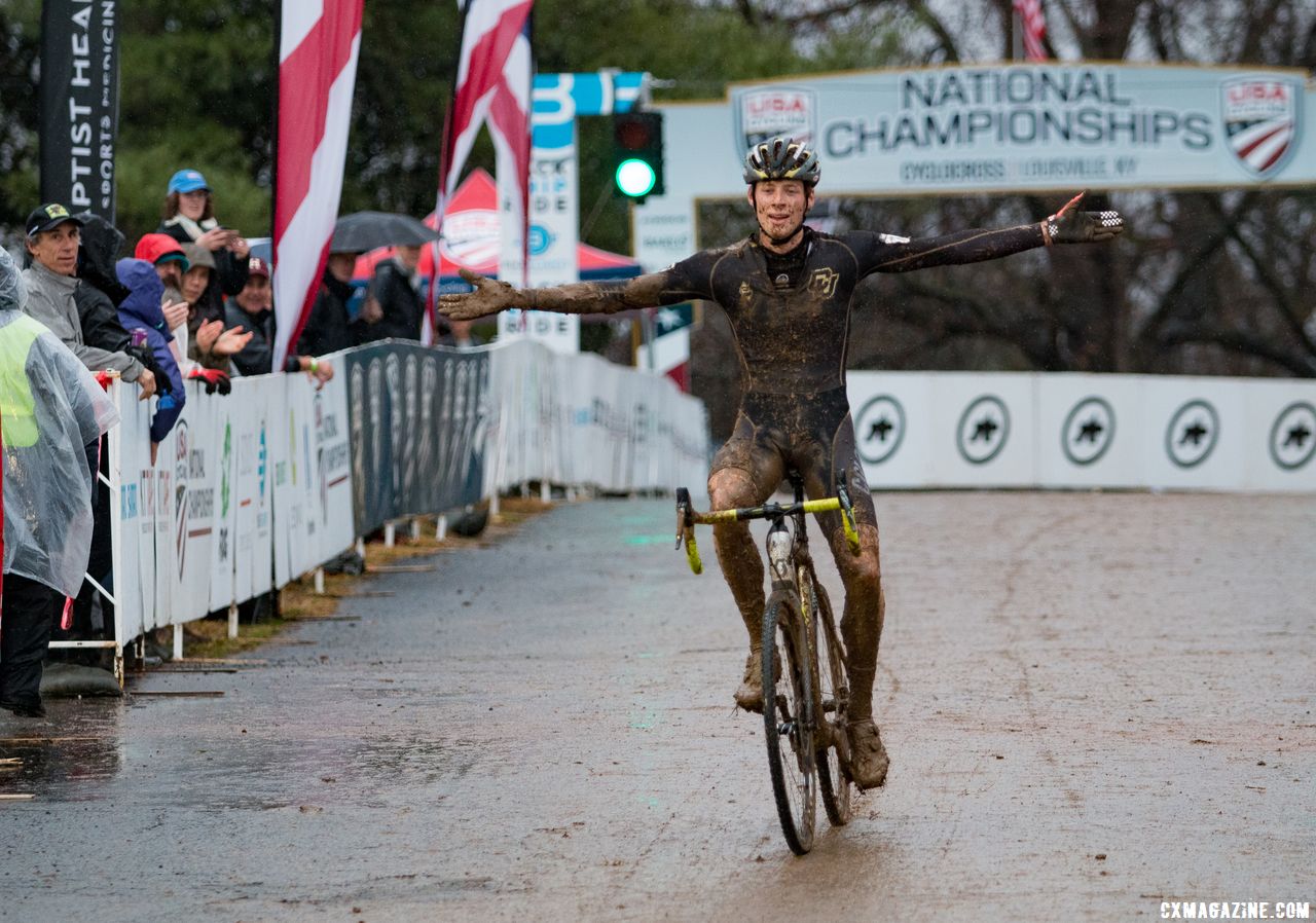 Ellwood takes the victory after many second places. Collegiate Club Men. 2018 Cyclocross National Championships, Louisville, KY. © A. Yee / Cyclocross Magazine