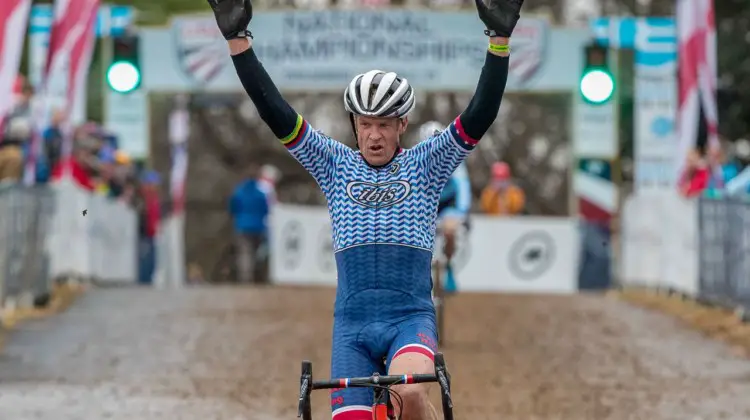 Don Myrah celebrates his Reno redemption in Louisville. Masters 50-54. 2018 Cyclocross National Championships, Louisville, KY. © K. Baumgardt / Cyclocross Magazine