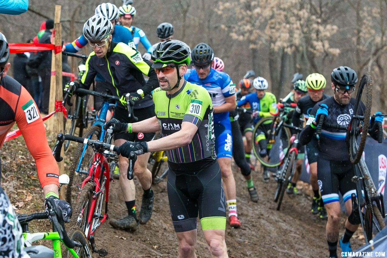 Riders take different lines through the off-camber. Masters Men 40-44. 2018 Cyclocross National Championships, Louisville, KY. © K. Baumgardt / Cyclocross Magazine