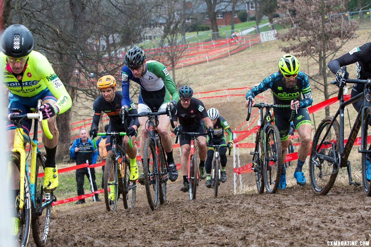 A big group of riders takes the climb up to Pit 2 in the first lap. Masters Men 40-44. 2018 Cyclocross National Championships, Louisville, KY. © K. Baumgardt / Cyclocross Magazine