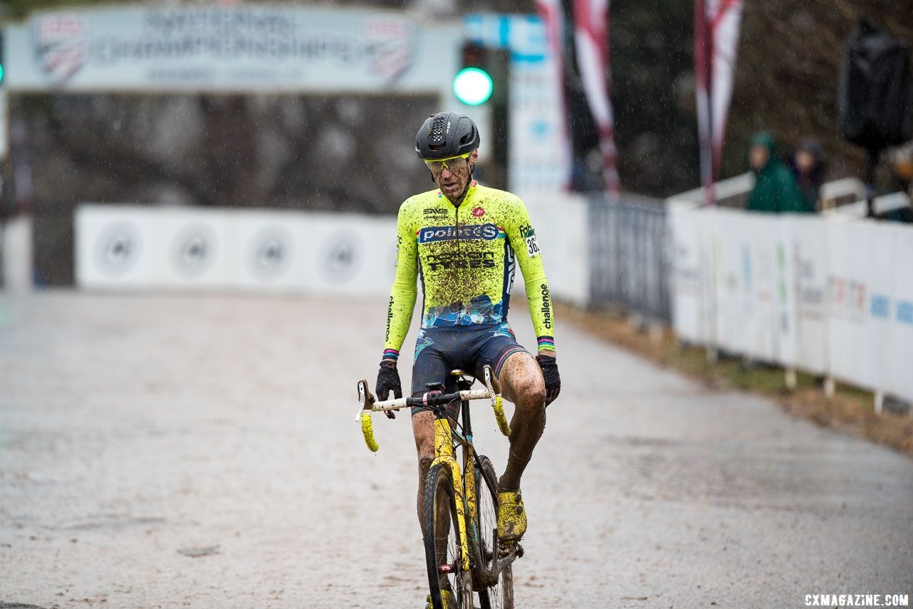 Molly Cameron crosses after finishing second. Masters Men 40-44. 2018 Cyclocross National Championships, Louisville, KY. © K. Baumgardt / Cyclocross Magazine