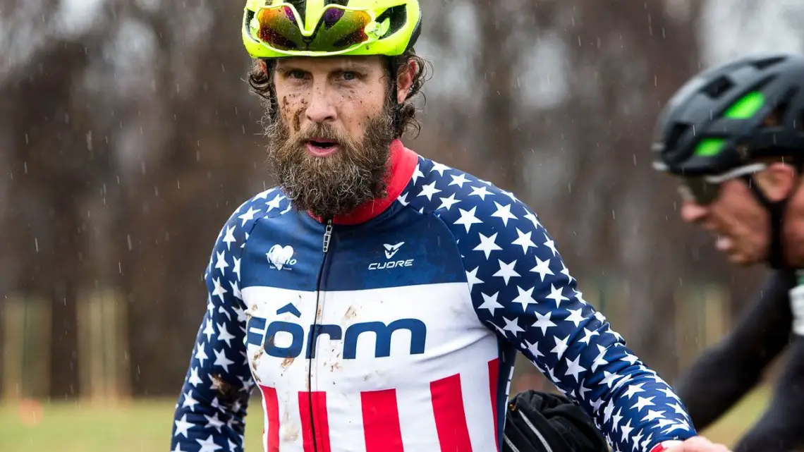 Jake Wells gets to wear the Stars-and-Stripes for another year. Masters Men 40-44. 2018 Cyclocross National Championships, Louisville, KY. © K. Baumgardt / Cyclocross Magazine