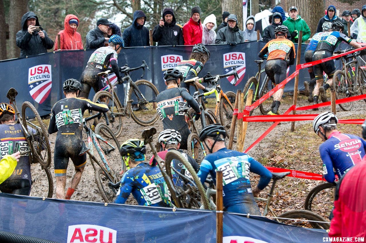 With slick conditions, most uphill sections were run rather than ridden. Masters Men 45-49. 2018 Cyclocross National Championships, Louisville, KY. © K. Baumgardt / Cyclocross Magazine