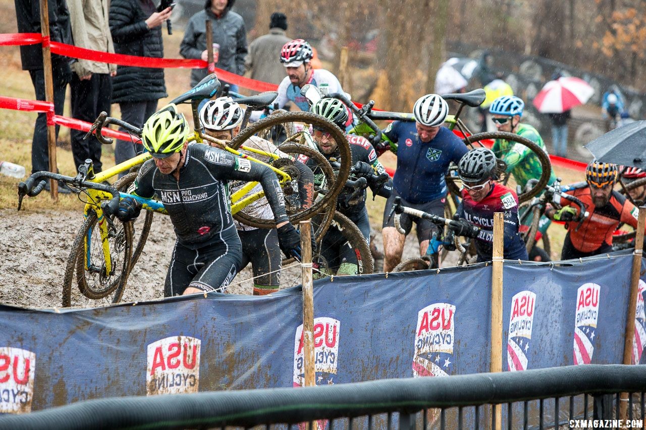 Jarrod Kerkhoff leads a group into the off camber. He would finish 66th. Masters Men 45-49. 2018 Cyclocross National Championships, Louisville, KY. © K. Baumgardt / Cyclocross Magazine