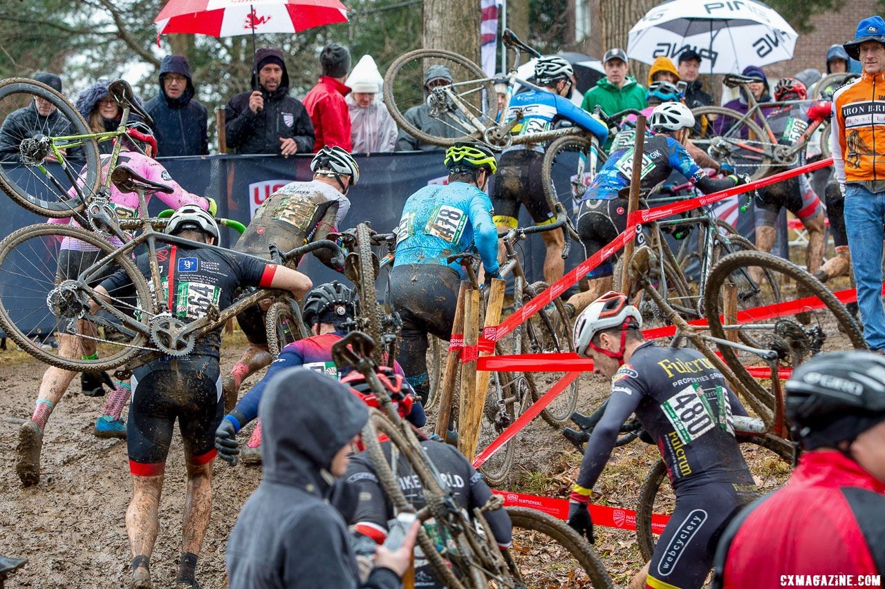 As progress slowed on climbs, lap traffic became a hazard. Masters Men 45-49. 2018 Cyclocross National Championships, Louisville, KY. © K. Baumgardt / Cyclocross Magazine