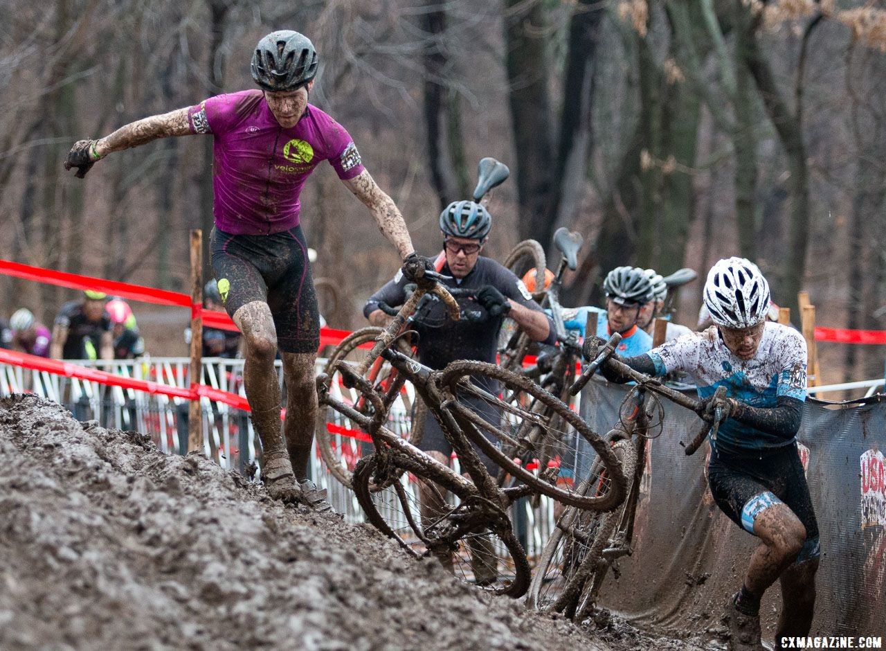 By the men's race, mud began to accumulate on bikes. Singlespeed Men. 2018 Cyclocross National Championships, Louisville, KY. © A. Yee / Cyclocross Magazine