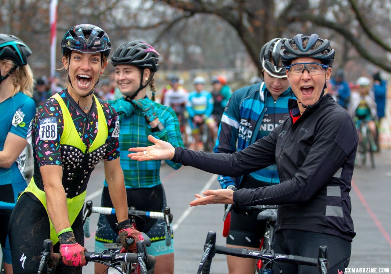 Defending champ Meredith Miller shows off her favorite, for best costume or likely winner, in Sarah Sturm, prior to the race. Singlespeed Women. 2018 Cyclocross National Championships, Louisville, KY. © A. Yee / Cyclocross Magazine