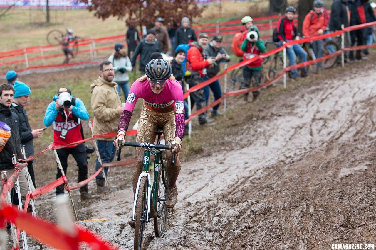 The descent from pit 1 became more slick as racing continued. Singlespeed Women. 2018 Cyclocross National Championships, Louisville, KY. © A. Yee / Cyclocross Magazine