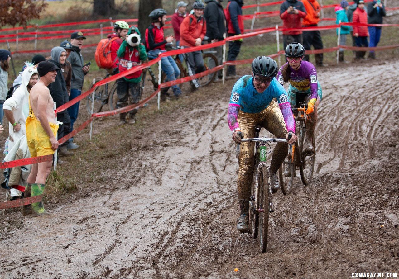 Marilyn Rayner and Elizabeth Barcheck search for traction. Singlespeed Women. 2018 Cyclocross National Championships, Louisville, KY. © A. Yee / Cyclocross Magazine