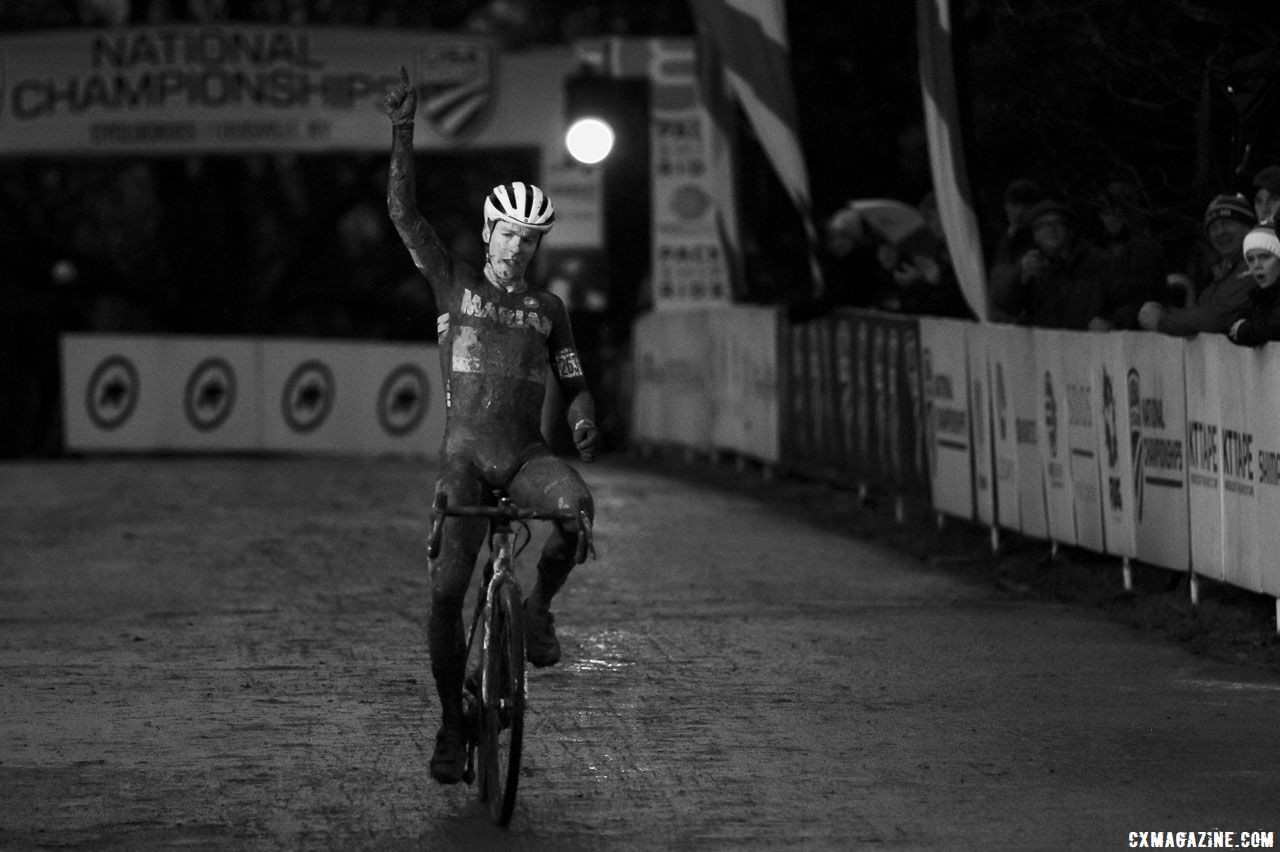 Swartz takes the victory in near darkness. Collegiate Varsity Men. 2018 Cyclocross National Championships, Louisville, KY. © A. Yee / Cyclocross Magazine