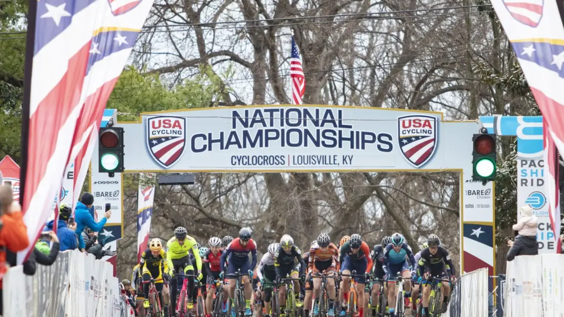 The Men 35-39 field kicked off title racing on Friday. Masters Men 35-59. 2018 Cyclocross National Championships, Louisville, KY. © A. Yee / Cyclocross Magazine