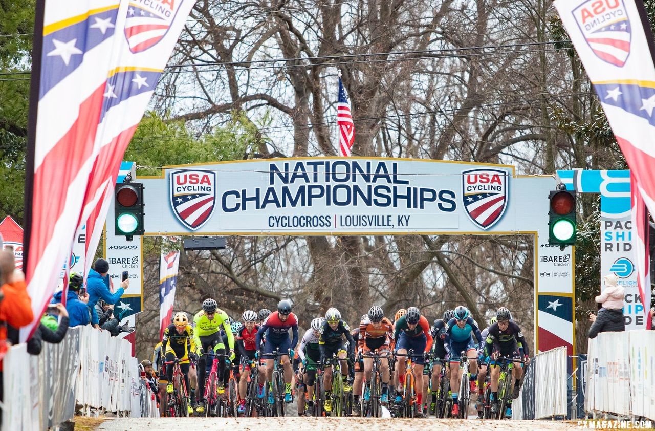 The Men 35-39 field kicked off title racing on Friday. Masters Men 35-59. 2018 Cyclocross National Championships, Louisville, KY. © A. Yee / Cyclocross Magazine