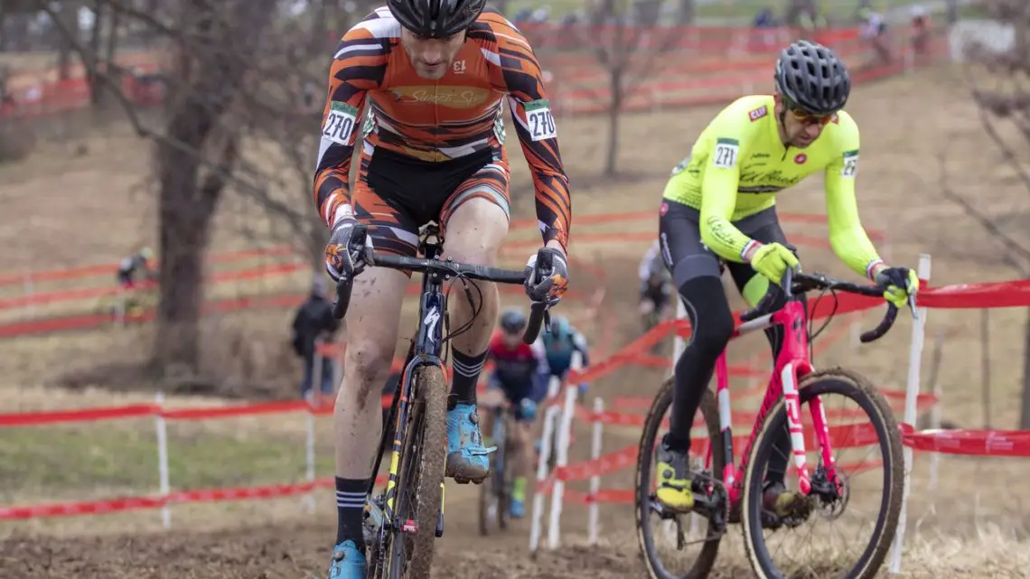 Wittwer leads Drummond toward pit 2. He would go on to win by 20 seconds. Masters Men 35-59. 2018 Cyclocross National Championships, Louisville, KY. © A. Yee / Cyclocross Magazine