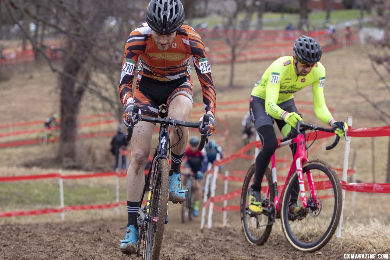 Wittwer leads Drummond toward pit 2. He would go on to win by 20 seconds. Masters Men 35-59. 2018 Cyclocross National Championships, Louisville, KY. © A. Yee / Cyclocross Magazine