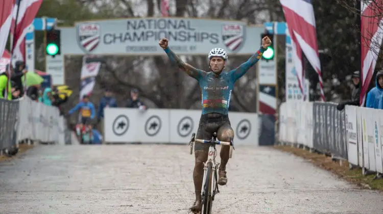 Adam Myerson celebrates his third-straight Nationals win. Masters Men 45-49. 2018 Cyclocross National Championships, Louisville, KY. © A. Yee / Cyclocross Magazine