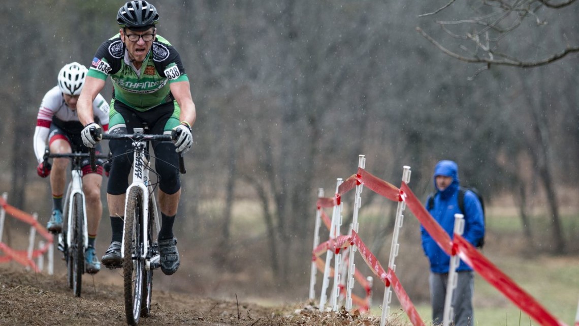 Gunnar Shogren leads the chase, and would finish second. Masters Men 55-59. 2018 Cyclocross National Championships, Louisville, KY. © A. Yee / Cyclocross Magazine
