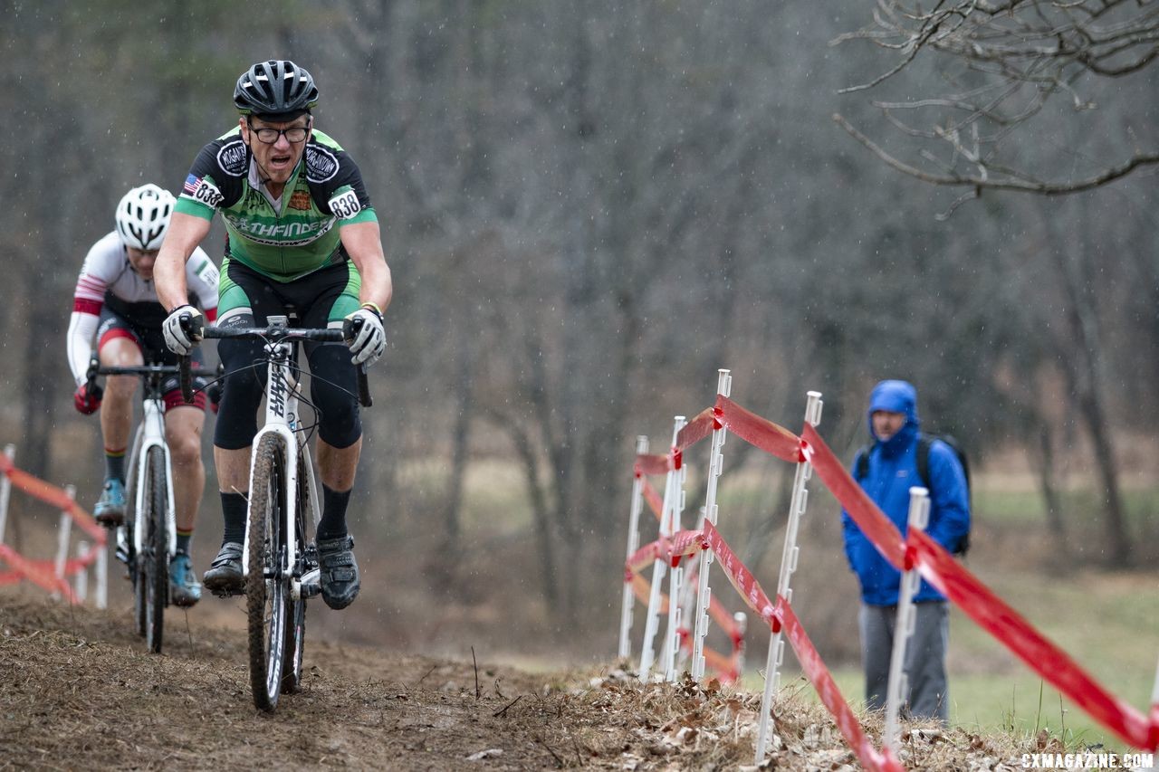 Gunnar Shogren leads the chase, and would finish second. Masters Men 55-59. 2018 Cyclocross National Championships, Louisville, KY. © A. Yee / Cyclocross Magazine