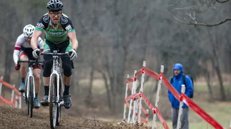Gunnar Shogren leads the chase, and would finish second. Masters Men 55-59. 2018 Cyclocross National Championships, Louisville, KY. © A. Yee / Cyclocross Magazine