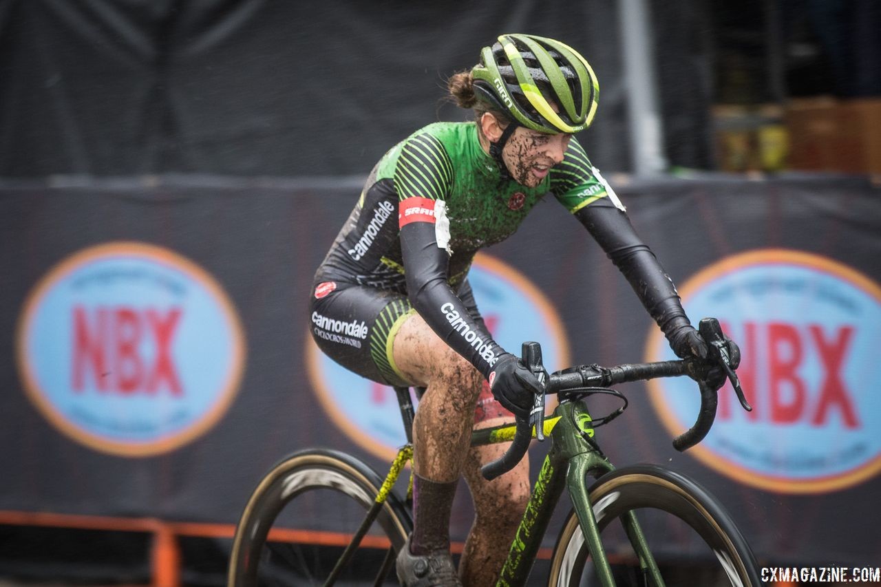 Kaitie Keough crosses the line with a win on the muddy afternoon. 2018 NBX Gran Prix of Cyclocross Day 2. © Angelica Dixon