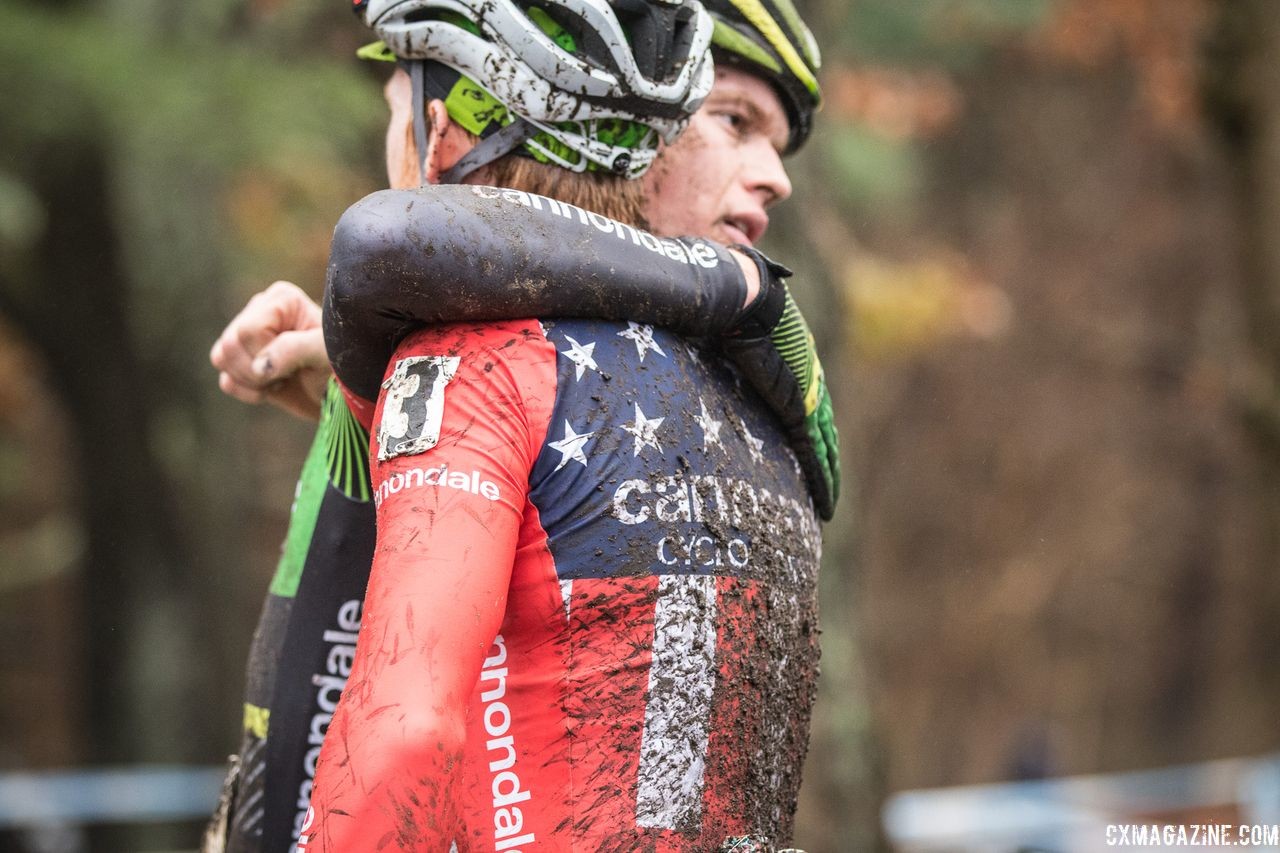 Teammates Stephen Hyde and Spencer Petrov share a muddy embrace. 2018 NBX Gran Prix of Cyclocross Day 2. © Angelica Dixon