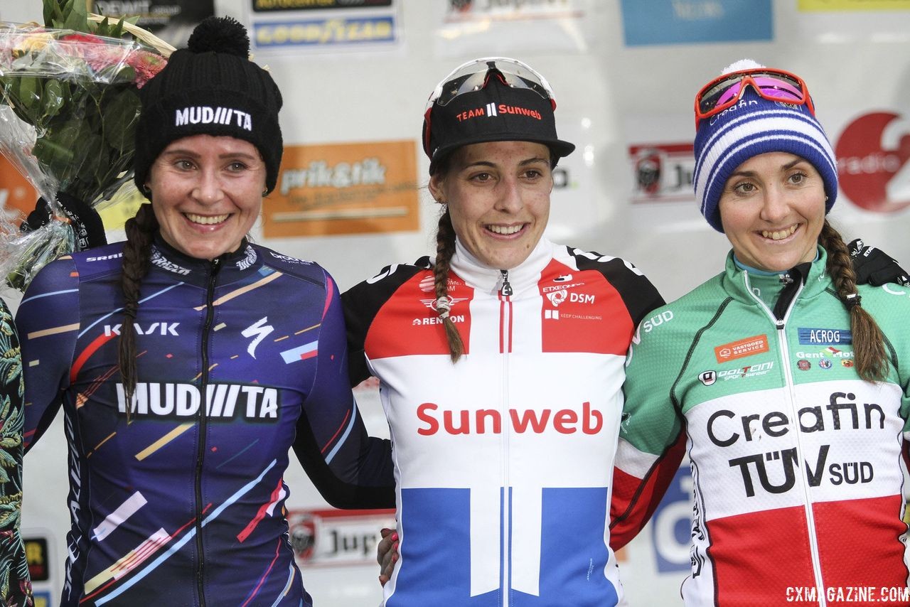 Elite Women's podium: Lucinda Brand, Nikki Brammeier and Eva Lechner. 2018 Vlaamse Druivencross Overijse. © B. Hazen / Cyclocross Magazine