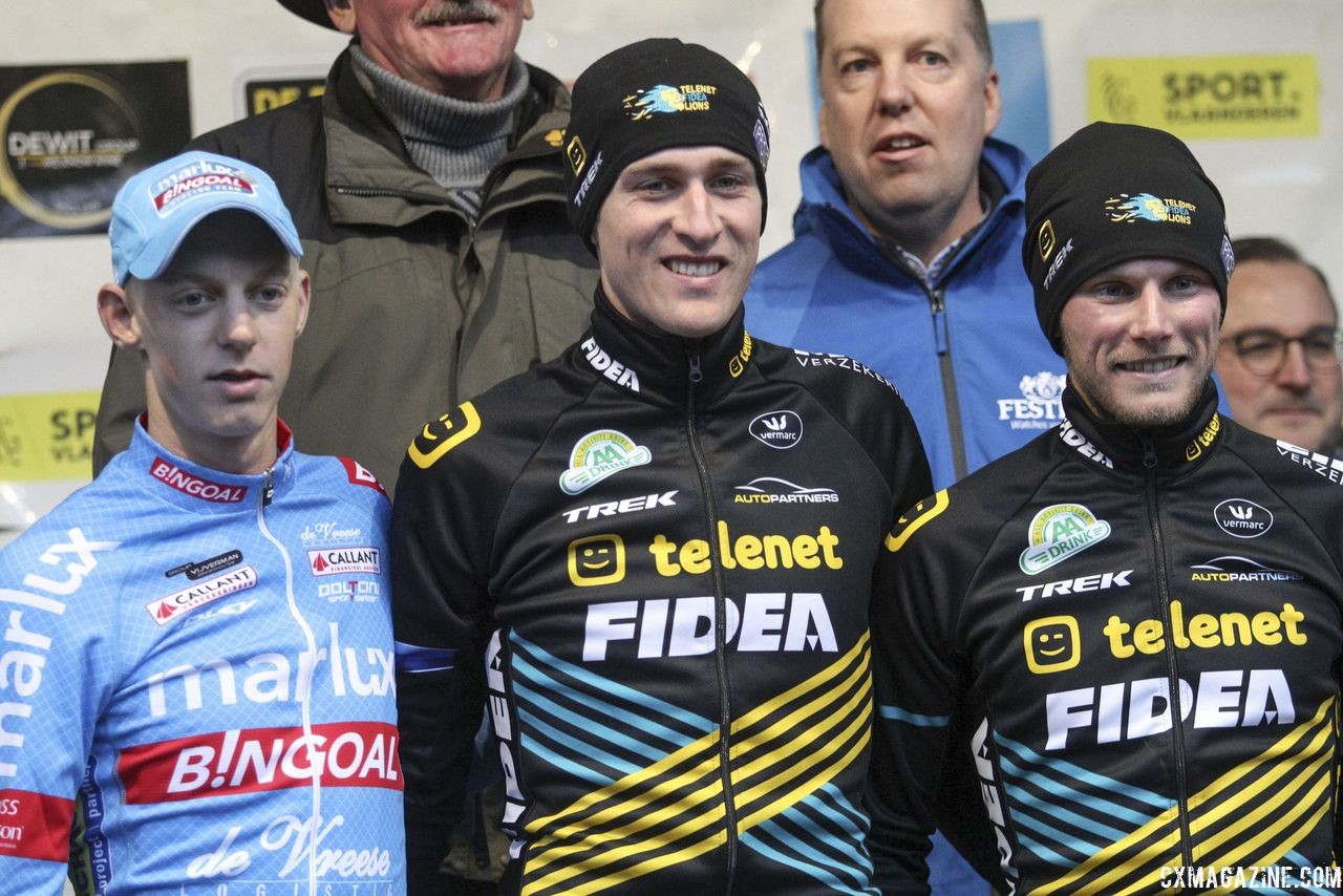 Elite Men's podium: Toon Aerts, Michael Vanthourenhout and Corne van Kessel. 2018 Vlaamse Druivencross Overijse. © B. Hazen / Cyclocross Magazine