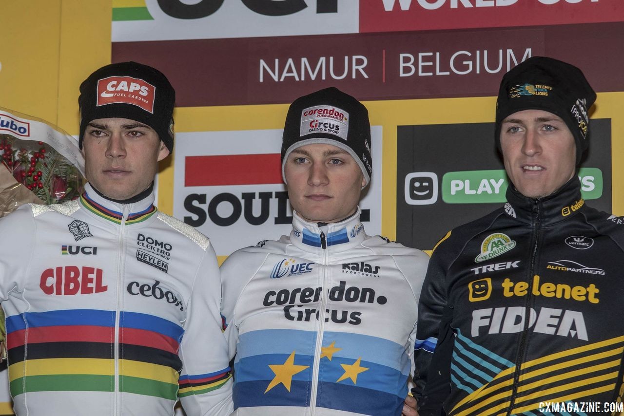 Elite Men's podium, again: Mathieu van der Poel, Wout van Aert and Toon Aerts. 2018 World Cup Namur. © B. Hazen / Cyclocross Magazine