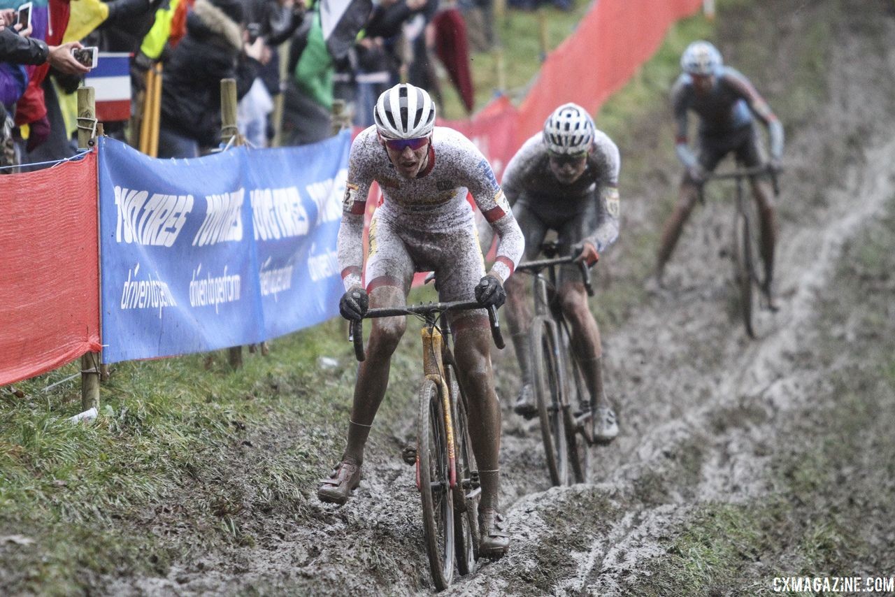 Mathieu van der Poel gets set to pass Toon Aerts. 2018 World Cup Namur. © B. Hazen / Cyclocross Magazine