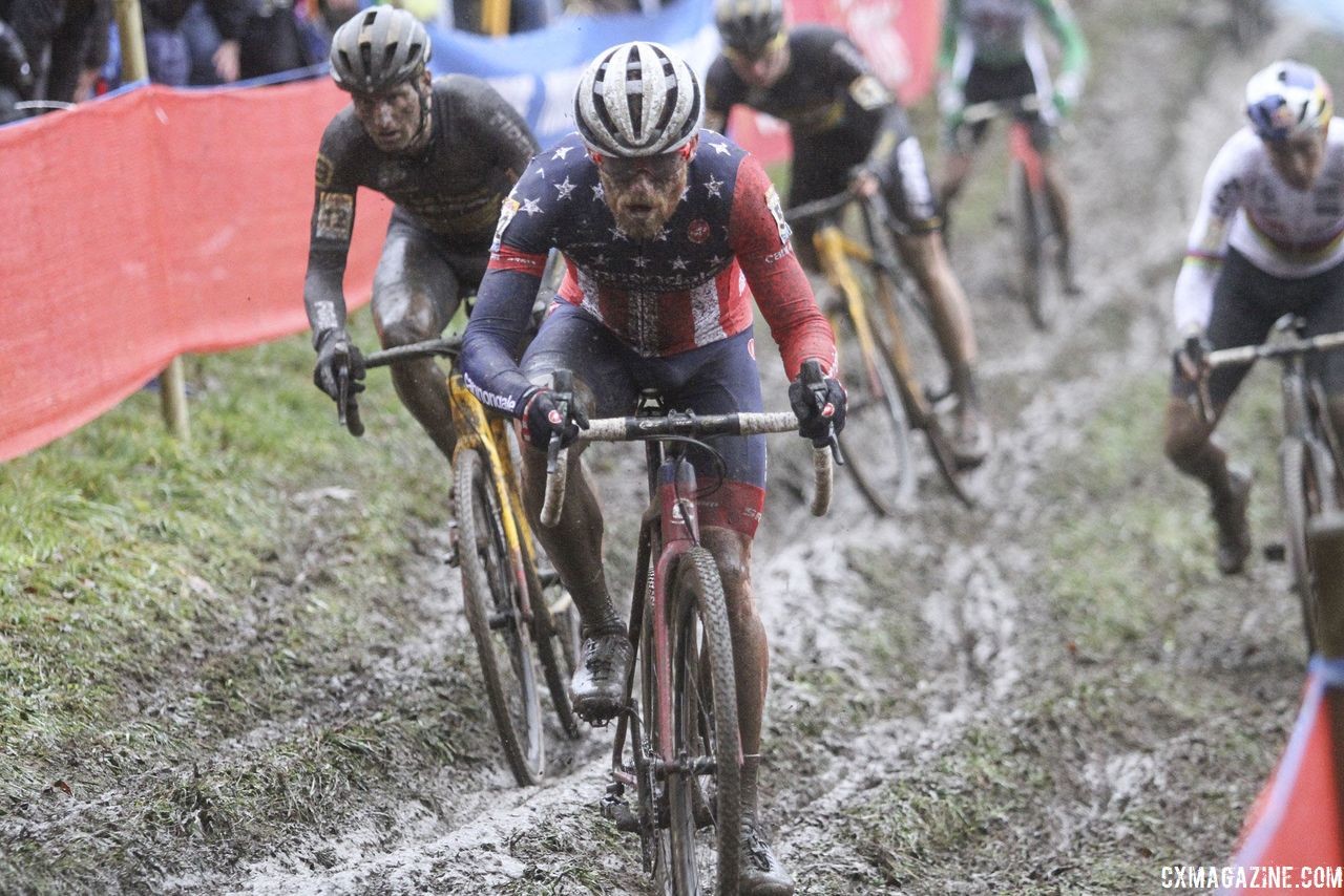 Stephen Hyde leads Wout van Aert and others at the off-camber Lap 1. 2018 World Cup Namur. © B. Hazen / Cyclocross Magazine