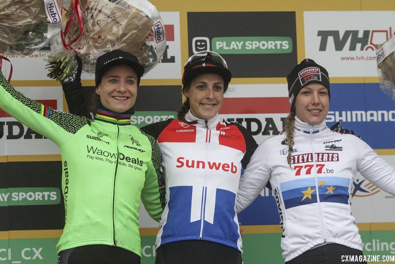 Elite Women's podium: Lucinda Brand, Marianne Vos and Annemarie Worst. 2018 World Cup Namur. © B. Hazen / Cyclocross Magazine