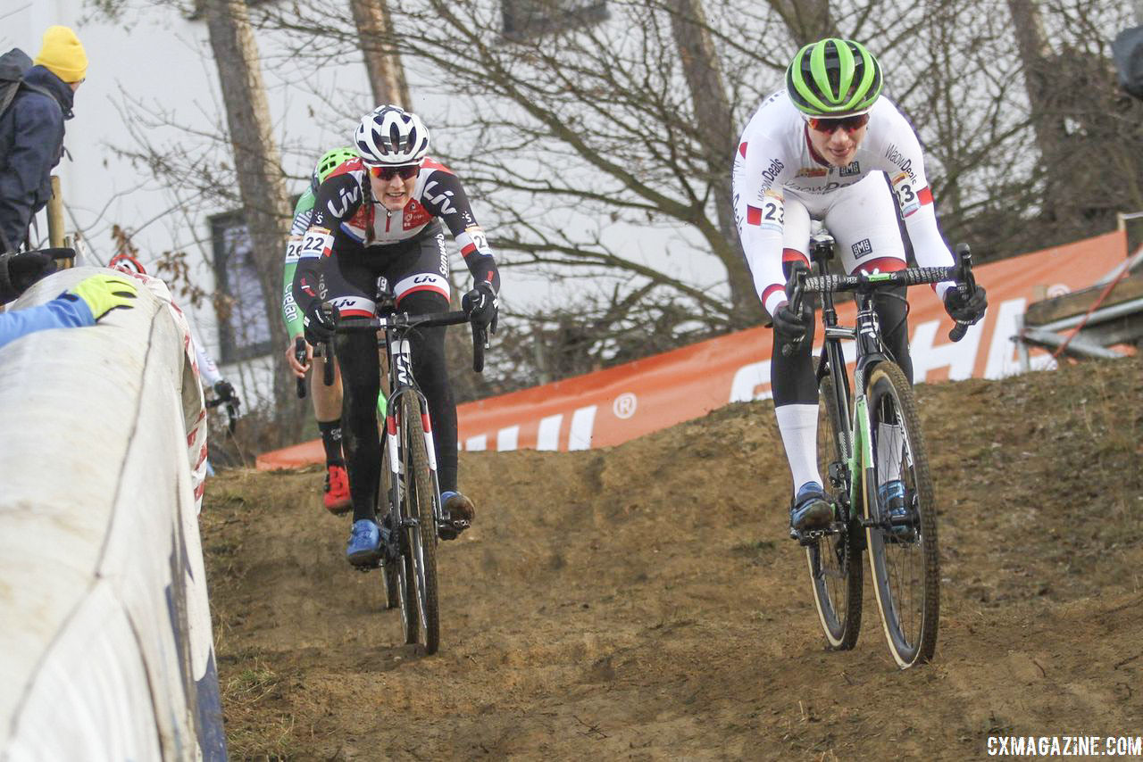 Marianne Vos and Lucinda Brand battled at the front until the last minute of the race. 2018 World Cup Heusden-Zolder. © B. Hazen / Cyclocross Magazine