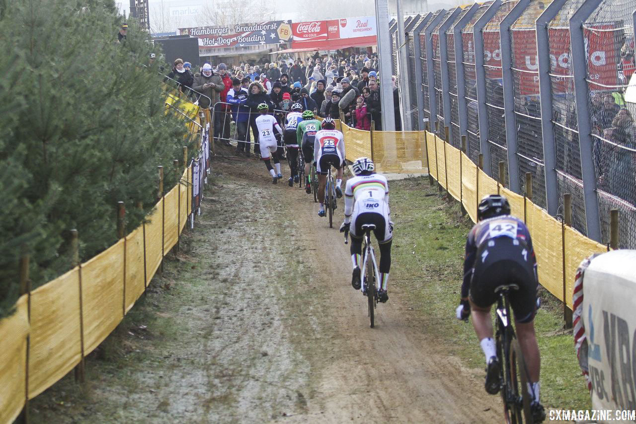 The early leaders head toward the stairs. 2018 World Cup Heusden-Zolder. © B. Hazen / Cyclocross Magazine