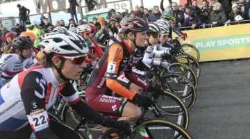 The Elite Women get set to start. 2018 World Cup Heusden-Zolder. © B. Hazen / Cyclocross Magazine