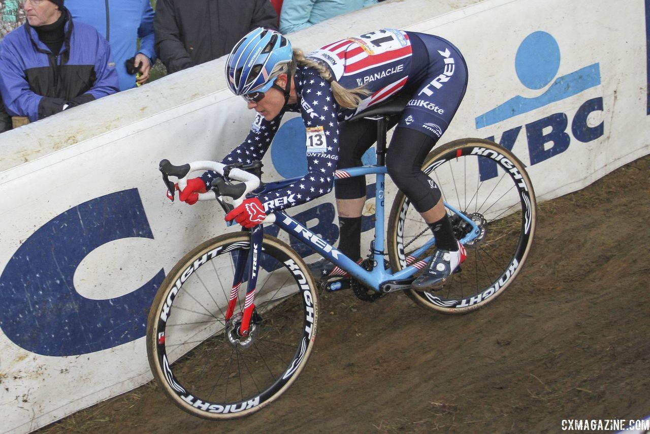 Katie Compton takes the wide line on a descent. 2018 World Cup Heusden-Zolder. © B. Hazen / Cyclocross Magazine