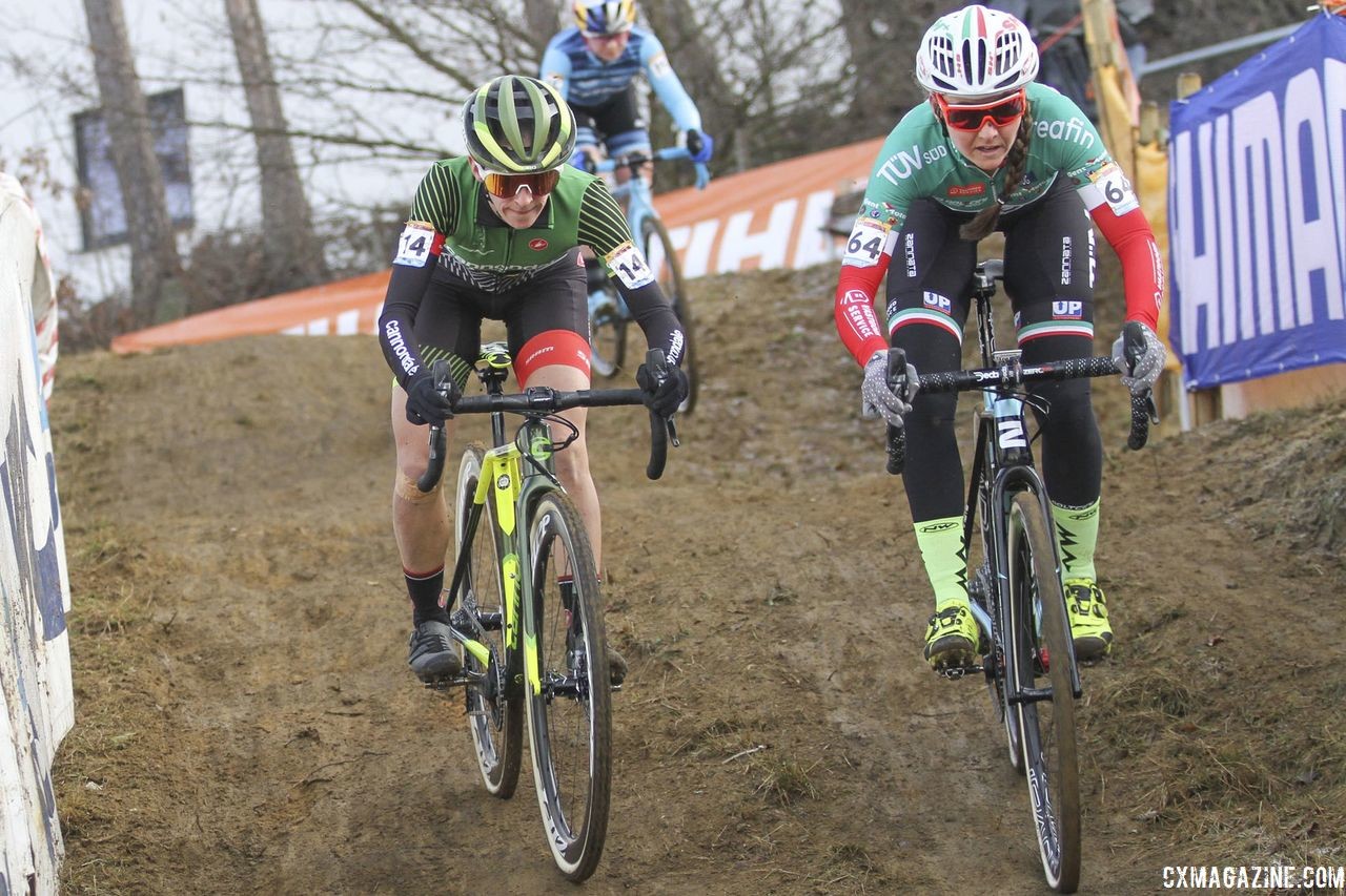 Kaitie Keough and Eva Lechner jockey for position. 2018 World Cup Heusden-Zolder. © B. Hazen / Cyclocross Magazine