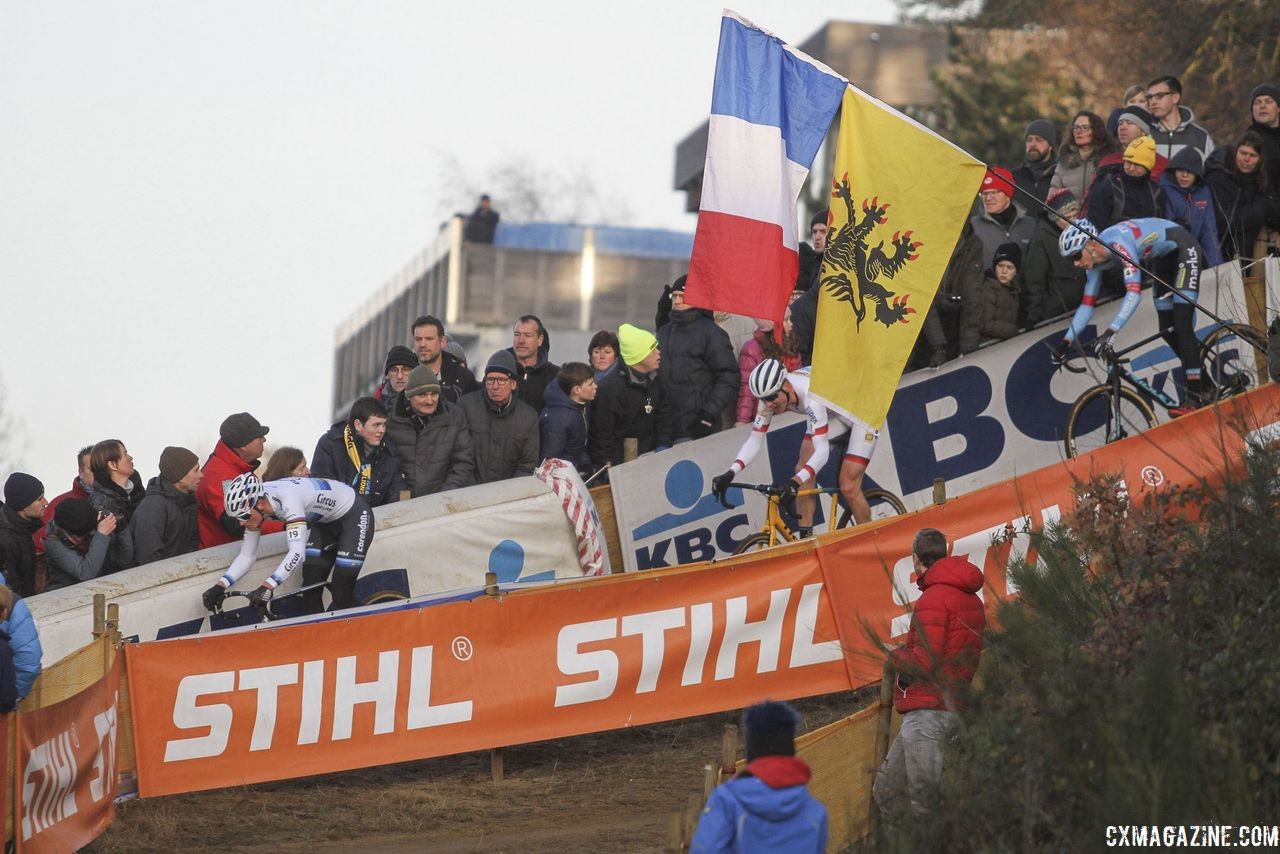 In Lap 3 Mathieu van der Poel took the lead into the technical section then dropped Aerts and Vanthourenhout when Aerts bobbled. 2018 World Cup Heusden-Zolder. © B. Hazen / Cyclocross Magazine