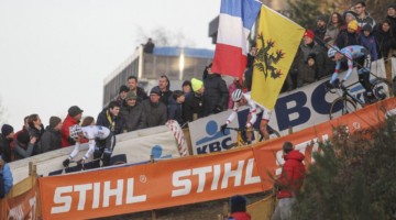 In Lap 3 Mathieu van der Poel took the lead into the technical section then dropped Aerts and Vanthourenhout when Aerts bobbled. 2018 World Cup Heusden-Zolder. © B. Hazen / Cyclocross Magazine